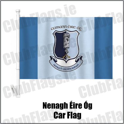 Nenagh Éire Óg Car Flag in blue and pale blue, featuring the club crest on realistic fabric with gentle vertical folds; County Tipperary GAA. ClubFlags.ie.