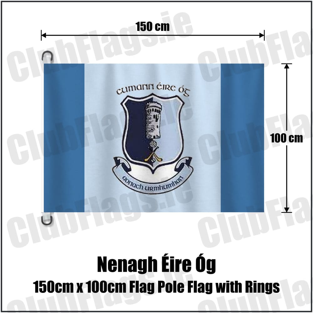 Nenagh Éire Óg 150cm x 100cm Flag Pole Flag with Rings in blue and pale blue, featuring the club crest on realistic fabric with gentle vertical folds; County Tipperary GAA. ClubFlags.ie.