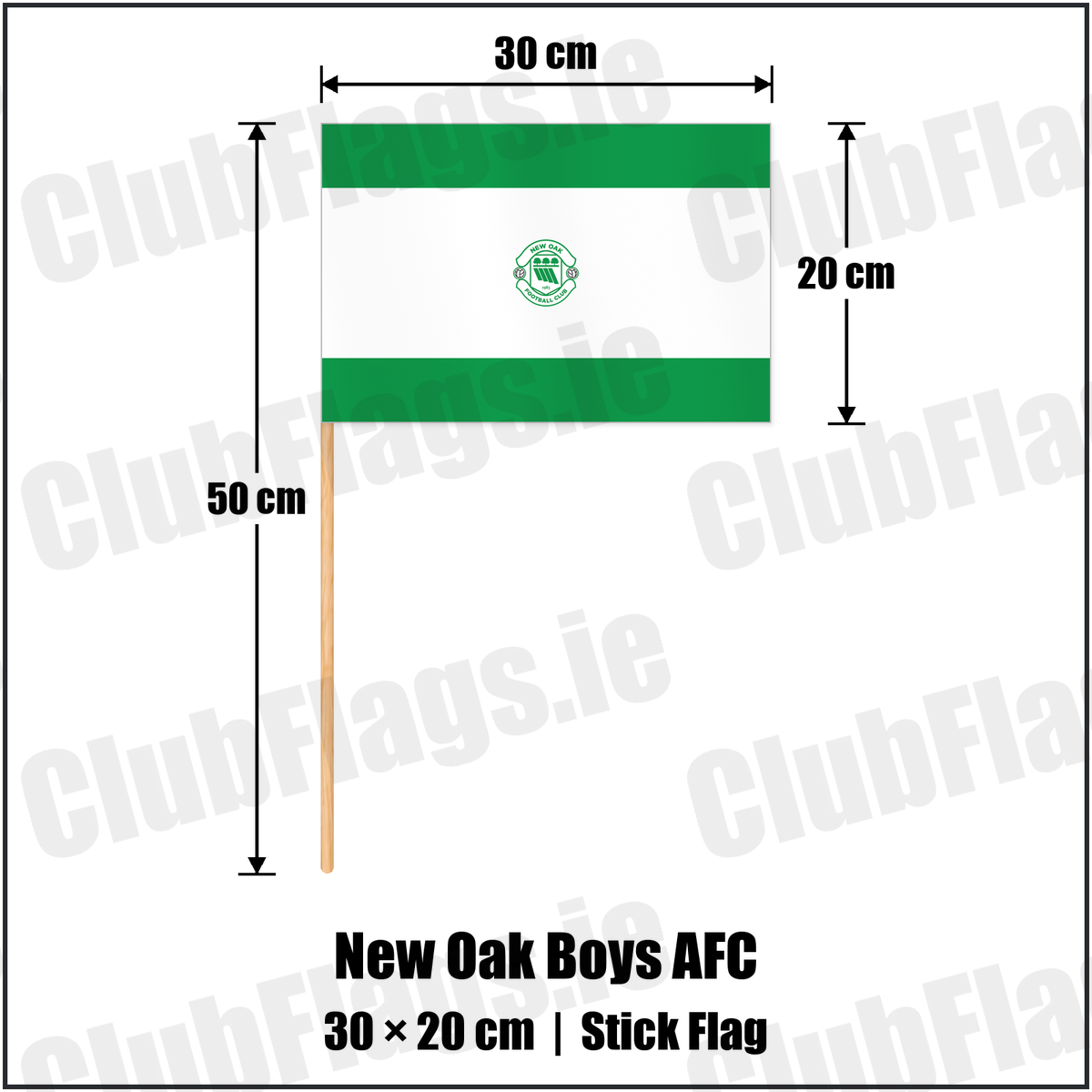 New Oak Boys AFC 20cm x 30cm Stick Flag with the club crest and colours, Carlow Football - ClubFlags.ie