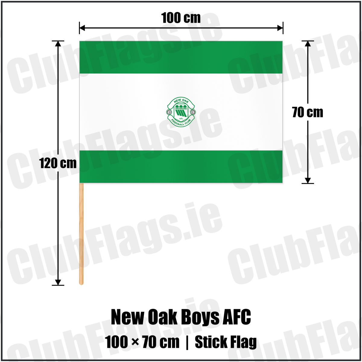 New Oak Boys AFC 70cm x 100cm Stick Flag with the club crest and colours, Carlow Football - ClubFlags.ie