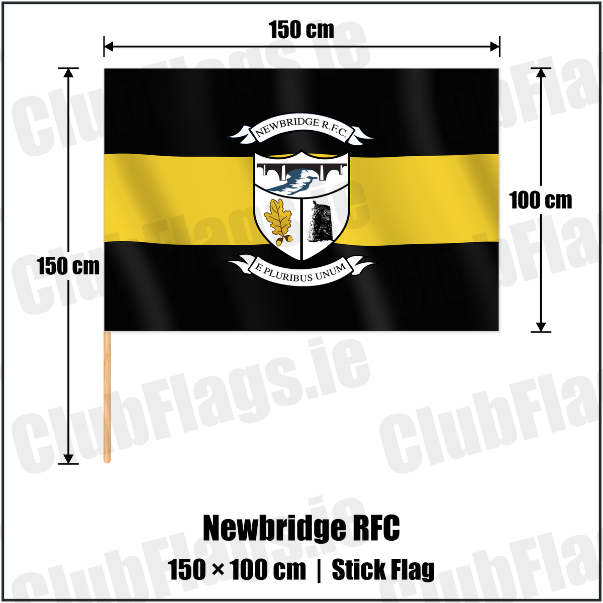 Newbridge RFC 100cm x 150cm Stick Flag with the club crest and colours, Kildare Rugby - ClubFlags.ie