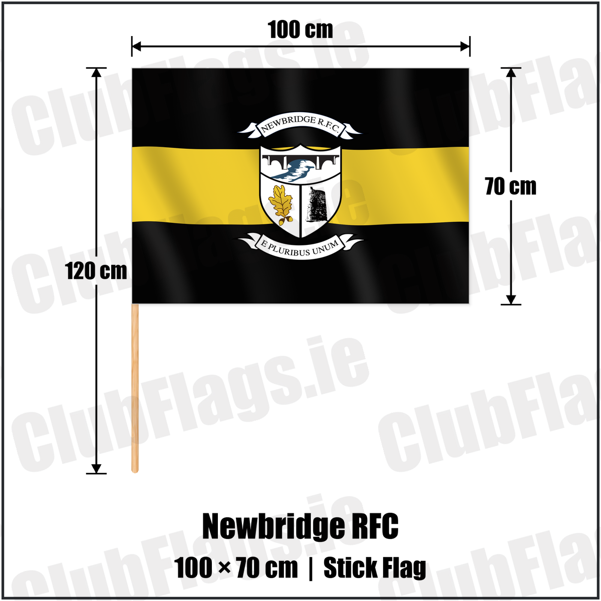 Newbridge RFC 70cm x 100cm Stick Flag with the club crest and colours, Kildare Rugby - ClubFlags.ie