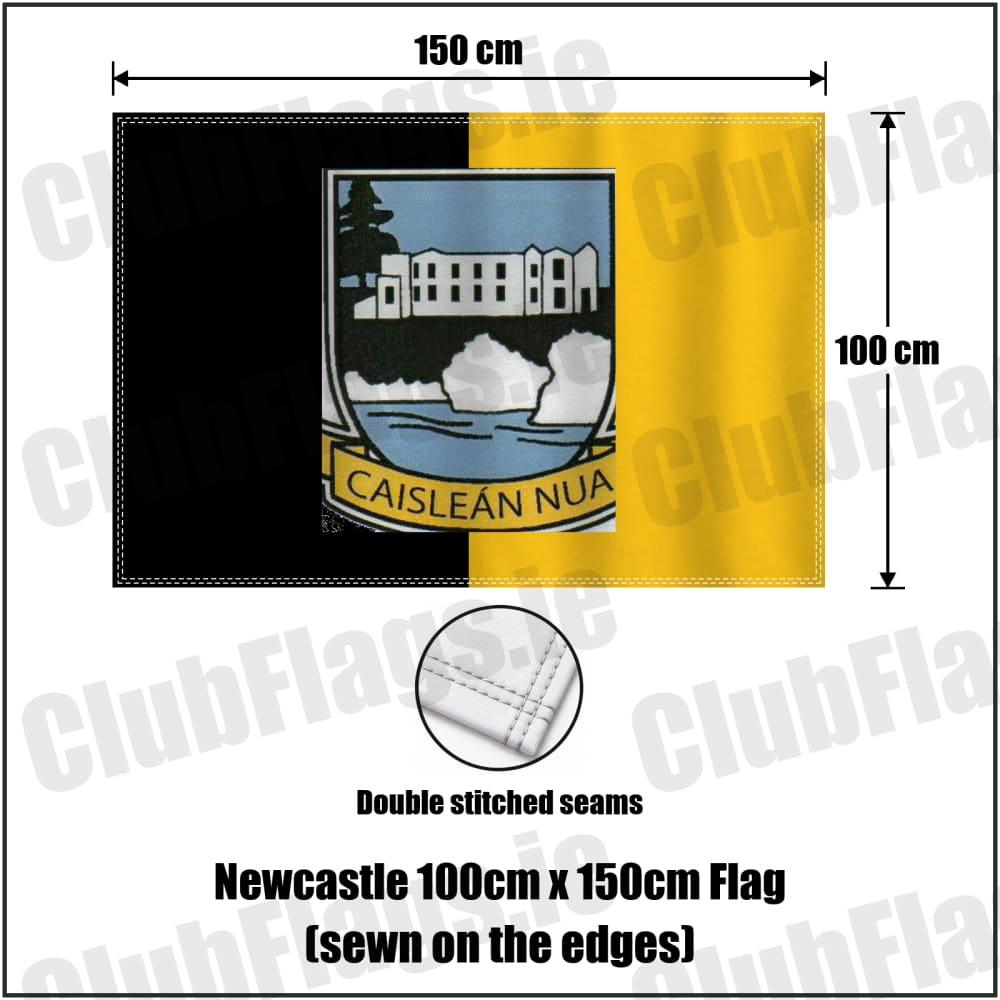 Newcastle 100cm x 150cm Flag (sewn on the edges) in black and gold, featuring the club crest on realistic fabric with gentle vertical folds; County Tipperary GAA. ClubFlags.ie.