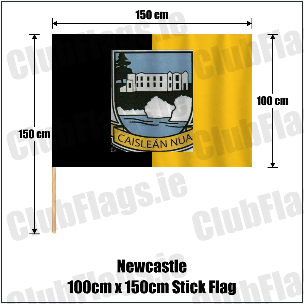 Newcastle 100cm x 150cm Stick Flag in black and gold, featuring the club crest on realistic fabric with gentle vertical folds; County Tipperary GAA. ClubFlags.ie.