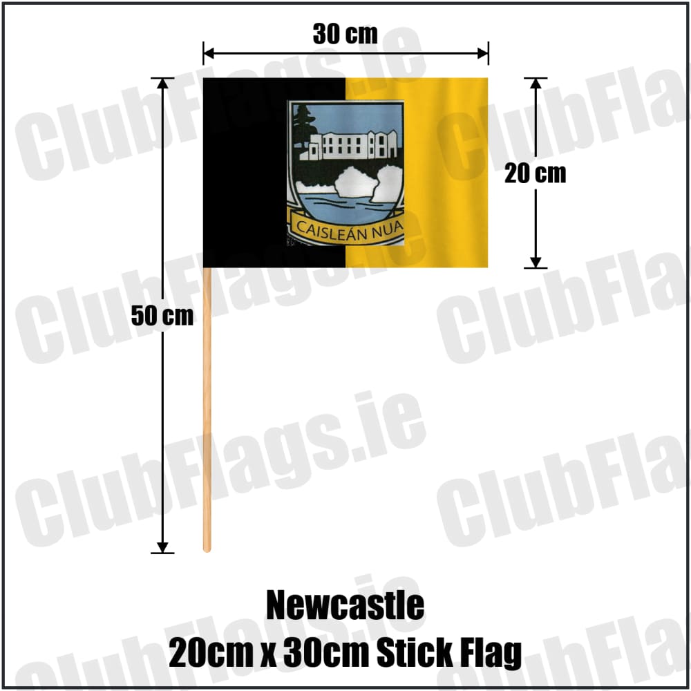 Newcastle 20cm x 30cm Stick Flag in black and gold, featuring the club crest on realistic fabric with gentle vertical folds; County Tipperary GAA. ClubFlags.ie.