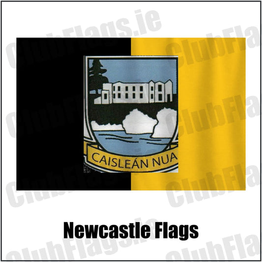 Newcastle Flags in black and gold, featuring the club crest on realistic fabric with gentle vertical folds; County Tipperary GAA. ClubFlags.ie.