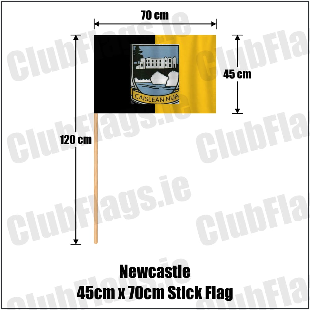 Newcastle 45cm x 70cm Stick Flag in black and gold, featuring the club crest on realistic fabric with gentle vertical folds; County Tipperary GAA. ClubFlags.ie.