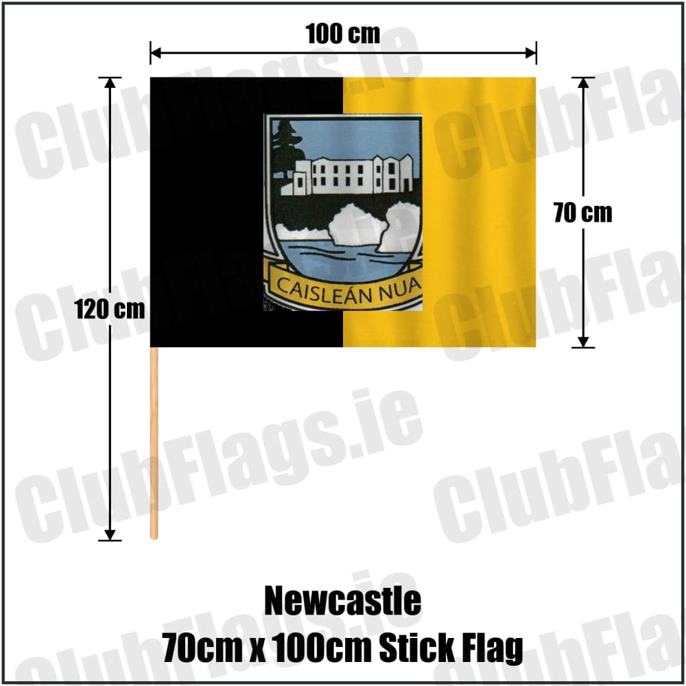 Newcastle 70cm x 100cm Stick Flag in black and gold, featuring the club crest on realistic fabric with gentle vertical folds; County Tipperary GAA. ClubFlags.ie.