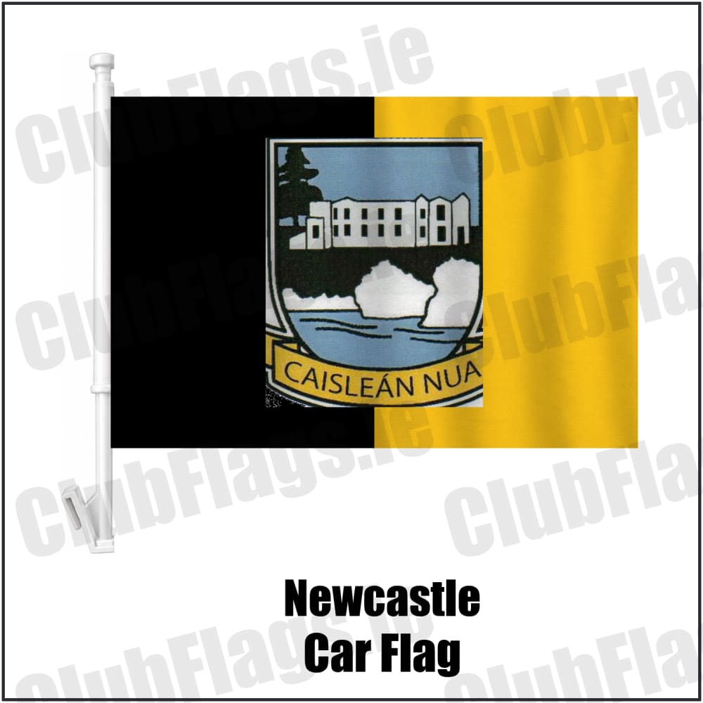 Newcastle Car Flag in black and gold, featuring the club crest on realistic fabric with gentle vertical folds; County Tipperary GAA. ClubFlags.ie.