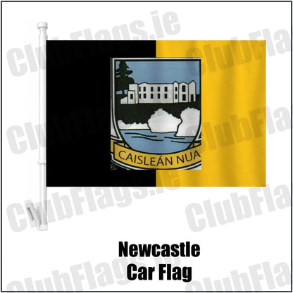 Newcastle Car Flag in black and gold, featuring the club crest on realistic fabric with gentle vertical folds; County Tipperary GAA. ClubFlags.ie.