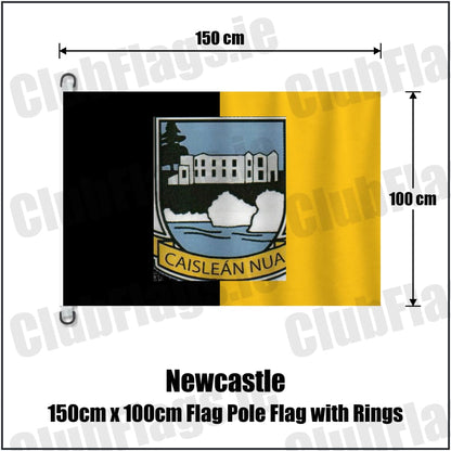 Newcastle 150cm x 100cm Flag Pole Flag with Rings in black and gold, featuring the club crest on realistic fabric with gentle vertical folds; County Tipperary GAA. ClubFlags.ie.