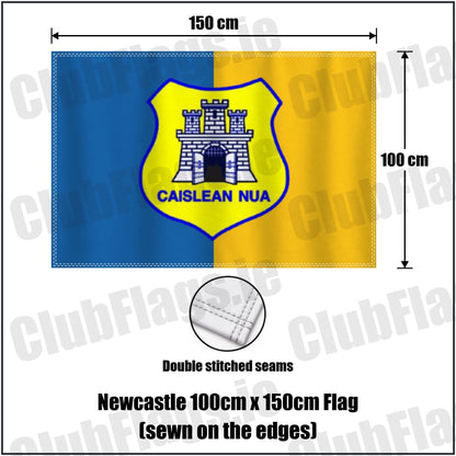 Newcastle 100cm x 150cm Flag (sewn on the edges) in blue and gold, featuring the club crest on realistic fabric with gentle vertical folds; County Wicklow GAA. ClubFlags.ie.
