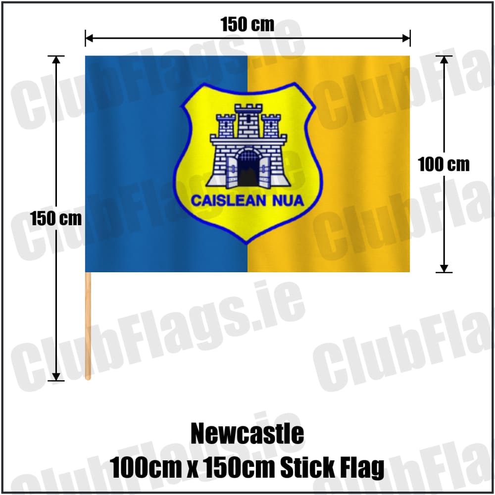 Newcastle 100cm x 150cm Stick Flag in blue and gold, featuring the club crest on realistic fabric with gentle vertical folds; County Wicklow GAA. ClubFlags.ie.