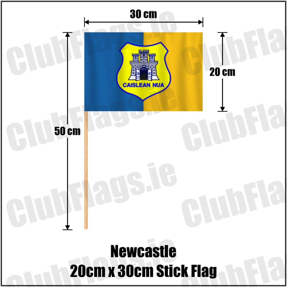 Newcastle 20cm x 30cm Stick Flag in blue and gold, featuring the club crest on realistic fabric with gentle vertical folds; County Wicklow GAA. ClubFlags.ie.