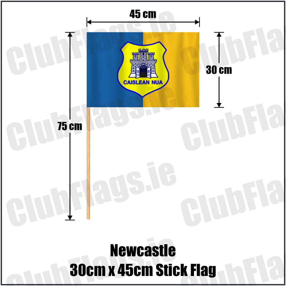 Newcastle 30cm x 45cm Stick Flag in blue and gold, featuring the club crest on realistic fabric with gentle vertical folds; County Wicklow GAA. ClubFlags.ie.