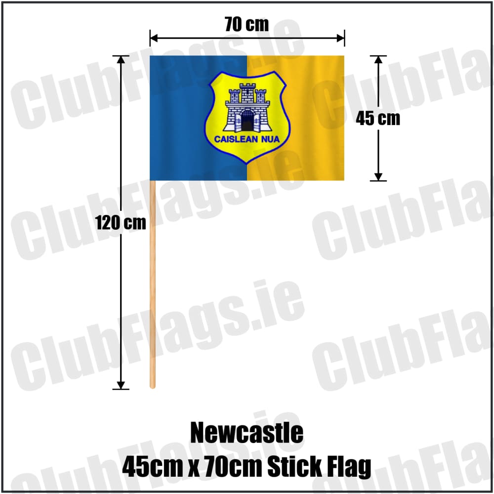 Newcastle 45cm x 70cm Stick Flag in blue and gold, featuring the club crest on realistic fabric with gentle vertical folds; County Wicklow GAA. ClubFlags.ie.