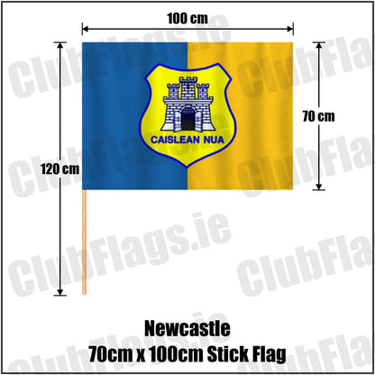 Newcastle 70cm x 100cm Stick Flag in blue and gold, featuring the club crest on realistic fabric with gentle vertical folds; County Wicklow GAA. ClubFlags.ie.