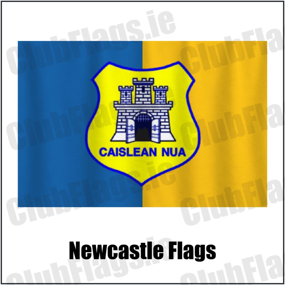 Newcastle Flags in blue and gold, featuring the club crest on realistic fabric with gentle vertical folds; County Wicklow GAA. ClubFlags.ie.