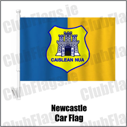 Newcastle Car Flag in blue and gold, featuring the club crest on realistic fabric with gentle vertical folds; County Wicklow GAA. ClubFlags.ie.