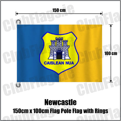 Newcastle 150cm x 100cm Flag Pole Flag with Rings in blue and gold, featuring the club crest on realistic fabric with gentle vertical folds; County Wicklow GAA. ClubFlags.ie.