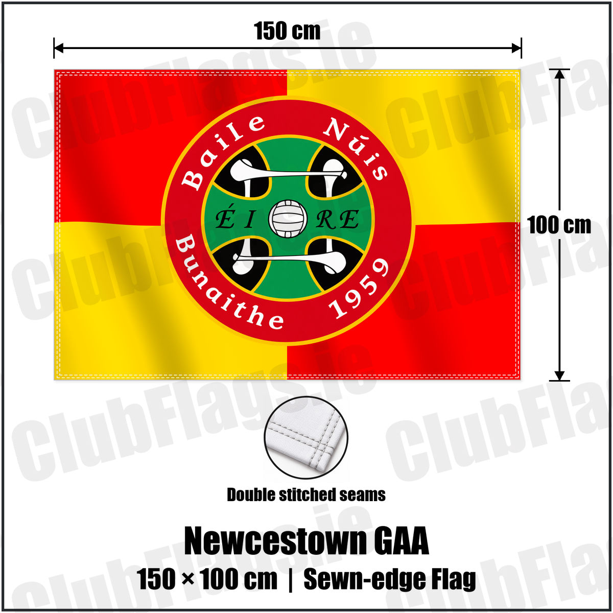 Newcestown GAA 100cm x 150cm Flag (sewn on the edges) with the club crest and colours, Cork GAA - ClubFlags.ie