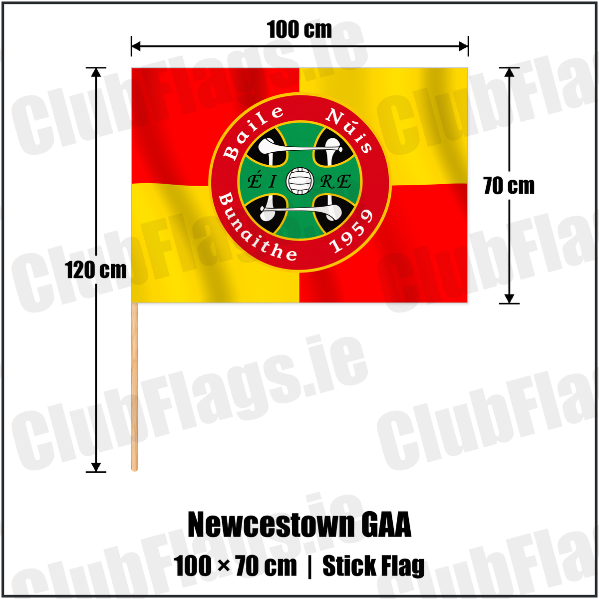 Newcestown GAA 70cm x 100cm Stick Flag with the club crest and colours, Cork GAA - ClubFlags.ie