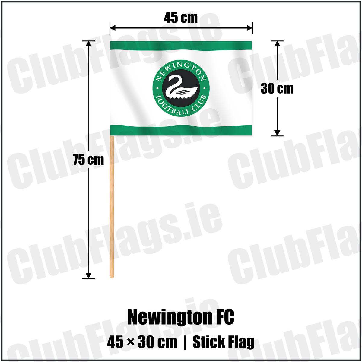 Newington FC 30cm x 45cm Stick Flag with the club crest and colours, Antrim Football - ClubFlags.ie