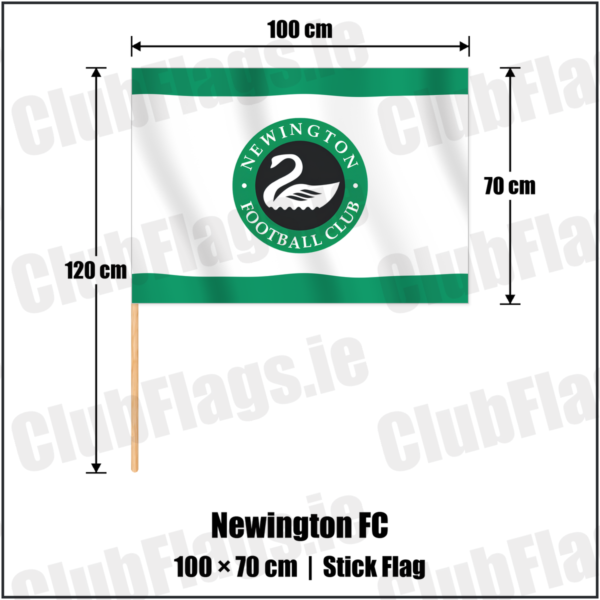 Newington FC 70cm x 100cm Stick Flag with the club crest and colours, Antrim Football - ClubFlags.ie