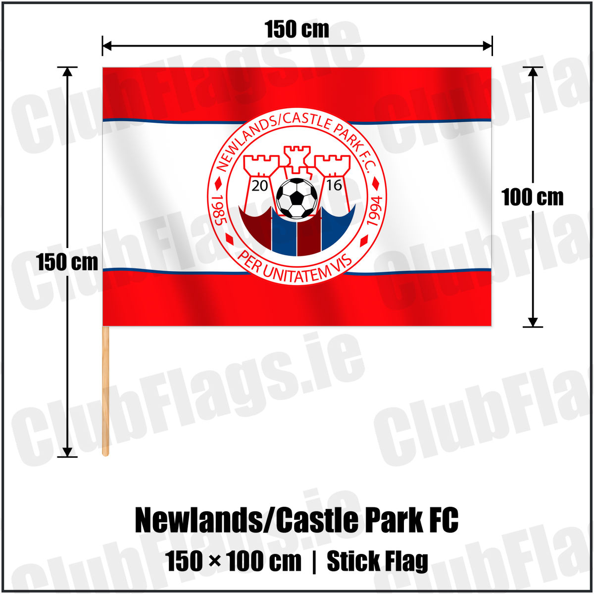 Newlands/Castle Park FC 100cm x 150cm Stick Flag with the club crest and colours, Dublin Football - ClubFlags.ie