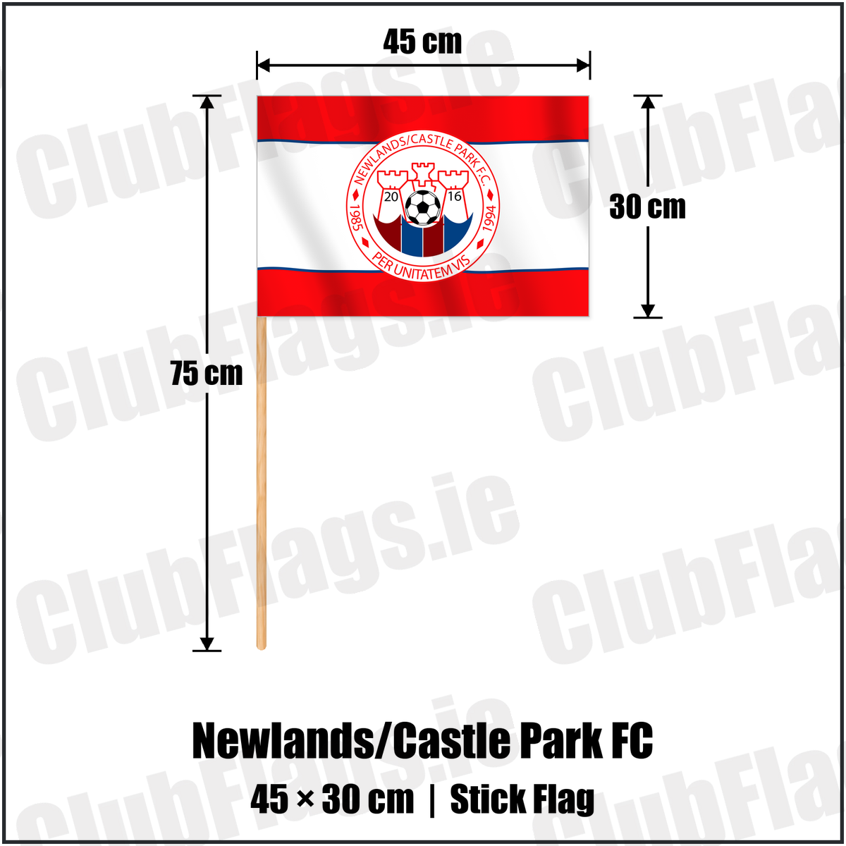 Newlands/Castle Park FC 30cm x 45cm Stick Flag with the club crest and colours, Dublin Football - ClubFlags.ie
