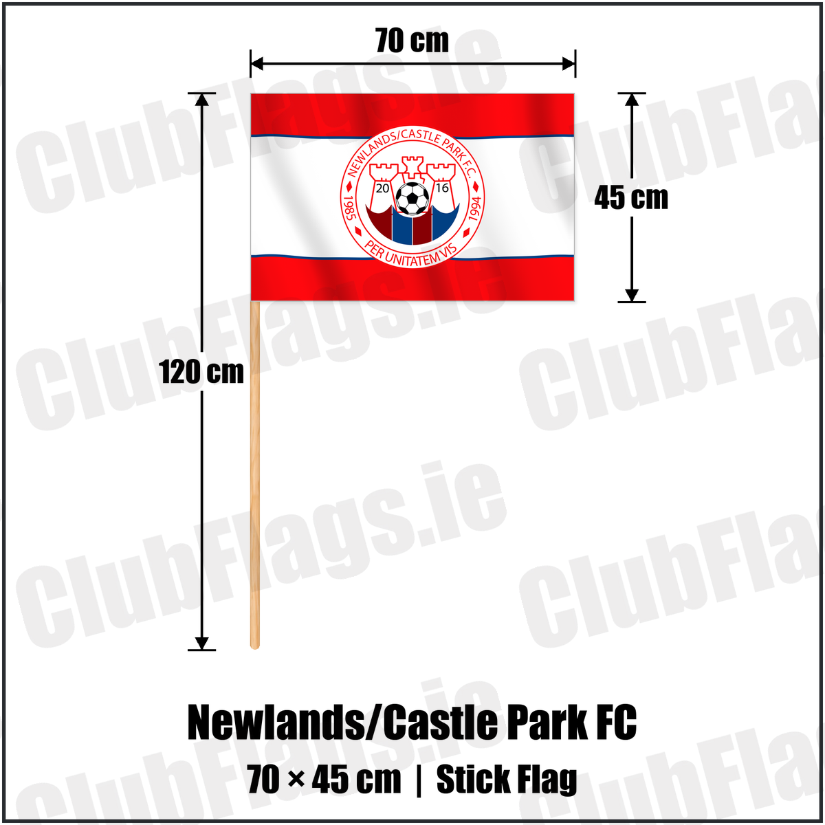 Newlands/Castle Park FC 45cm x 70cm Stick Flag with the club crest and colours, Dublin Football - ClubFlags.ie