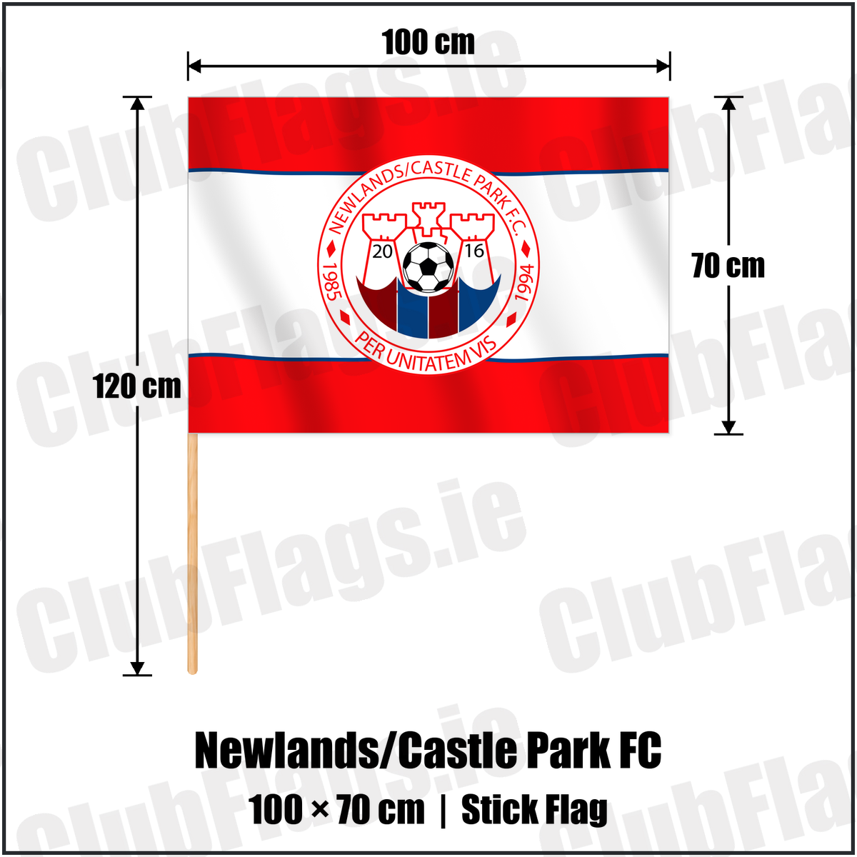 Newlands/Castle Park FC 70cm x 100cm Stick Flag with the club crest and colours, Dublin Football - ClubFlags.ie