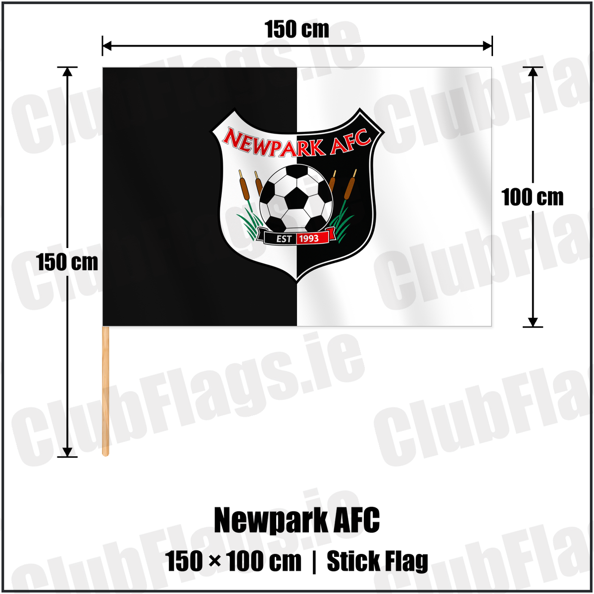 Newpark AFC 100cm x 150cm Stick Flag with the verified club crest and colours, Kilkenny Football - ClubFlags.ie