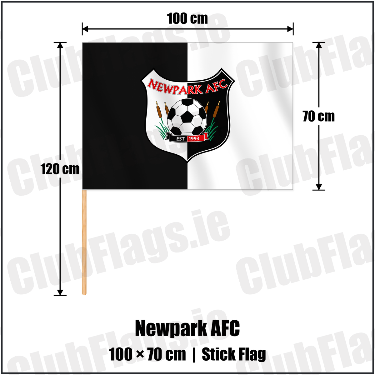Newpark AFC 70cm x 100cm Stick Flag with the verified club crest and colours, Kilkenny Football - ClubFlags.ie