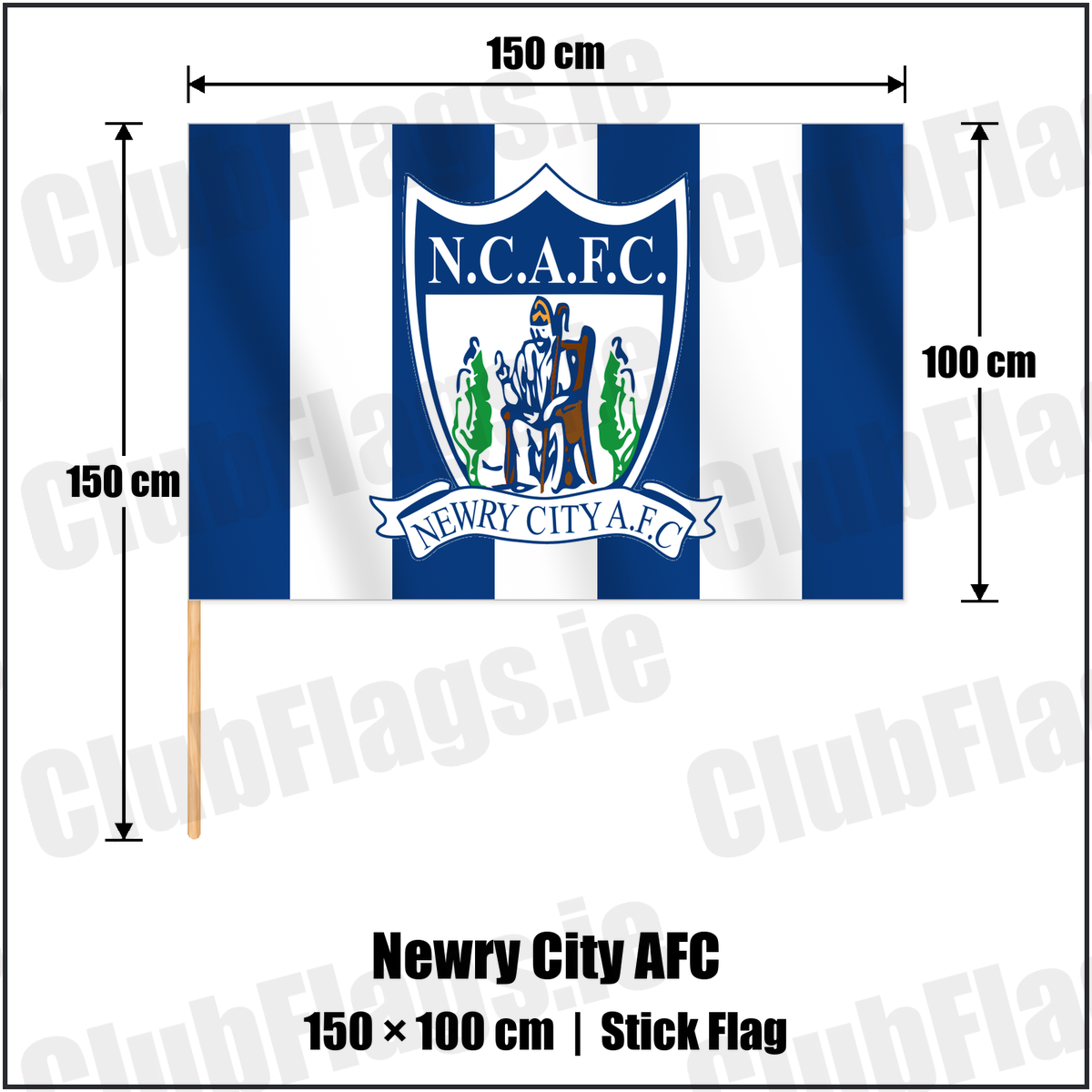 Newry City AFC 100cm x 150cm Stick Flag with the club crest and colours, Down Football - ClubFlags.ie