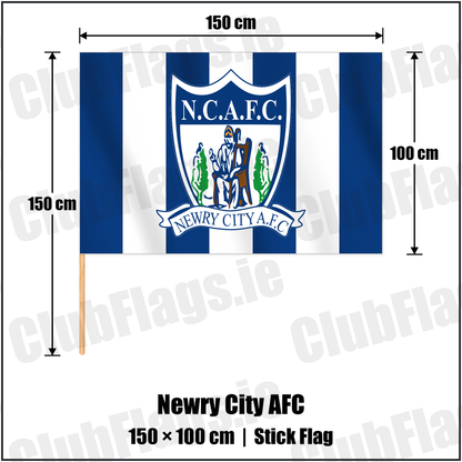 Newry City AFC 100cm x 150cm Stick Flag with the club crest and colours, Down Football - ClubFlags.ie