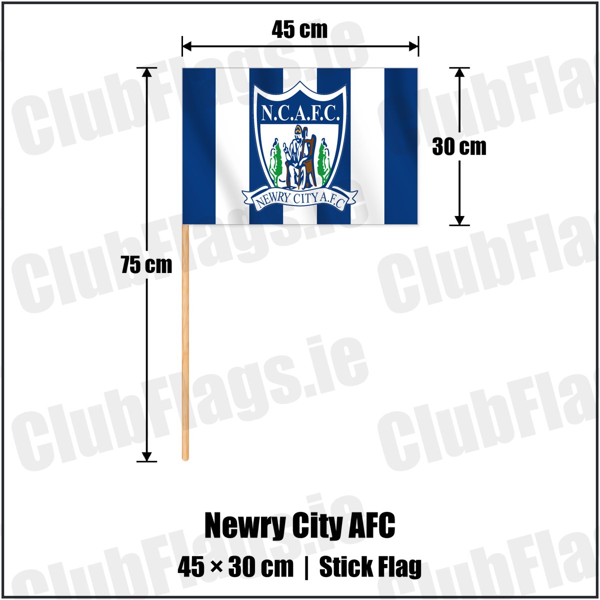 Newry City AFC 30cm x 45cm Stick Flag with the club crest and colours, Down Football - ClubFlags.ie