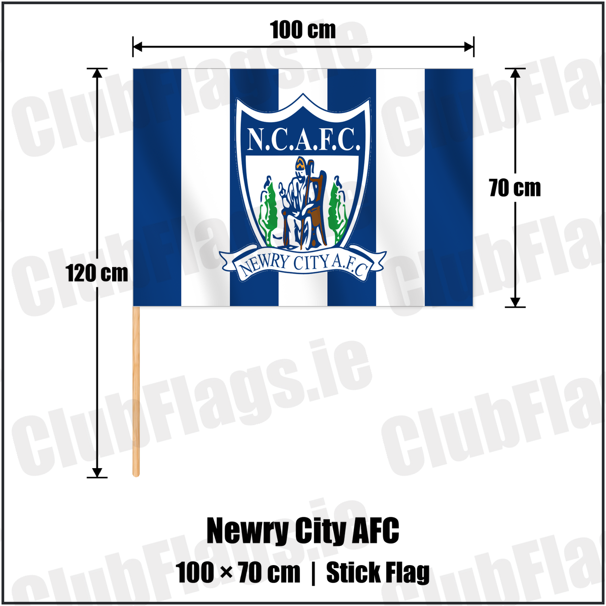 Newry City AFC 70cm x 100cm Stick Flag with the club crest and colours, Down Football - ClubFlags.ie