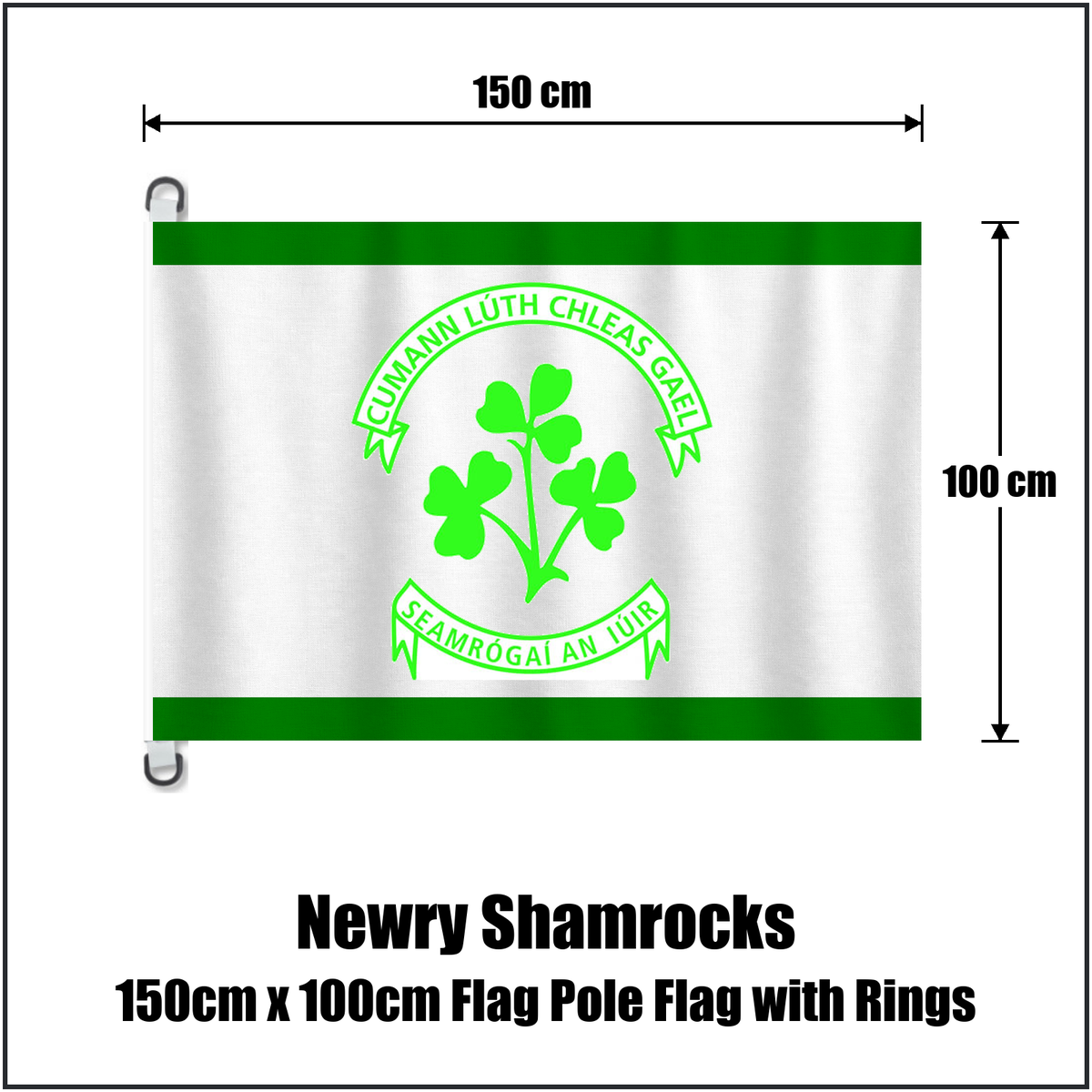 Newry Shamrocks 150cm x 100cm Flag Pole Flag with Rings, featuring the club crest and green and white colours; County Down GAA. ClubFlags.ie.