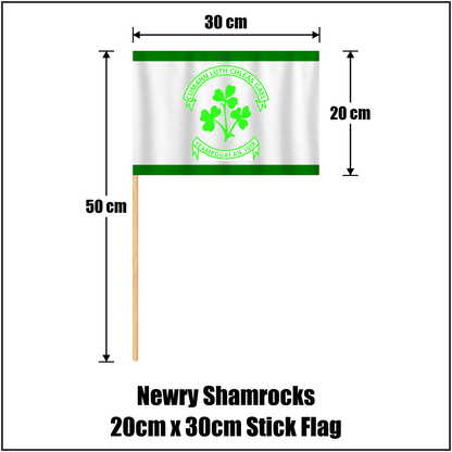 Newry Shamrocks 20cm x 30cm Stick Flag, featuring the club crest and green and white colours; County Down GAA. ClubFlags.ie.