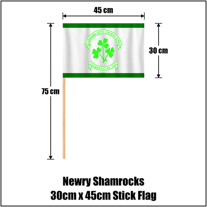 Newry Shamrocks 30cm x 45cm Stick Flag, featuring the club crest and green and white colours; County Down GAA. ClubFlags.ie.