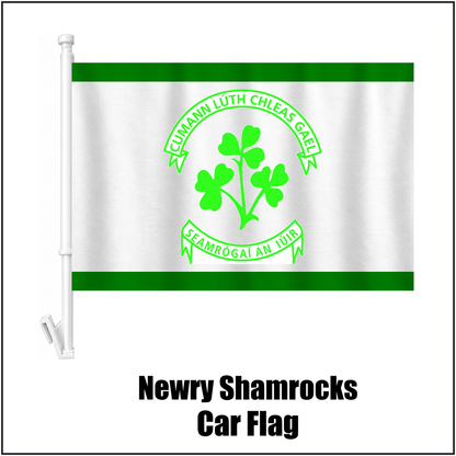 Newry Shamrocks Car Flag, featuring the club crest and green and white colours; County Down GAA. ClubFlags.ie.