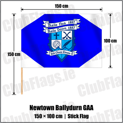 Newtown Ballydurn GAA 100cm x 150cm Stick Flag with the club crest and colours, Waterford GAA - ClubFlags.ie