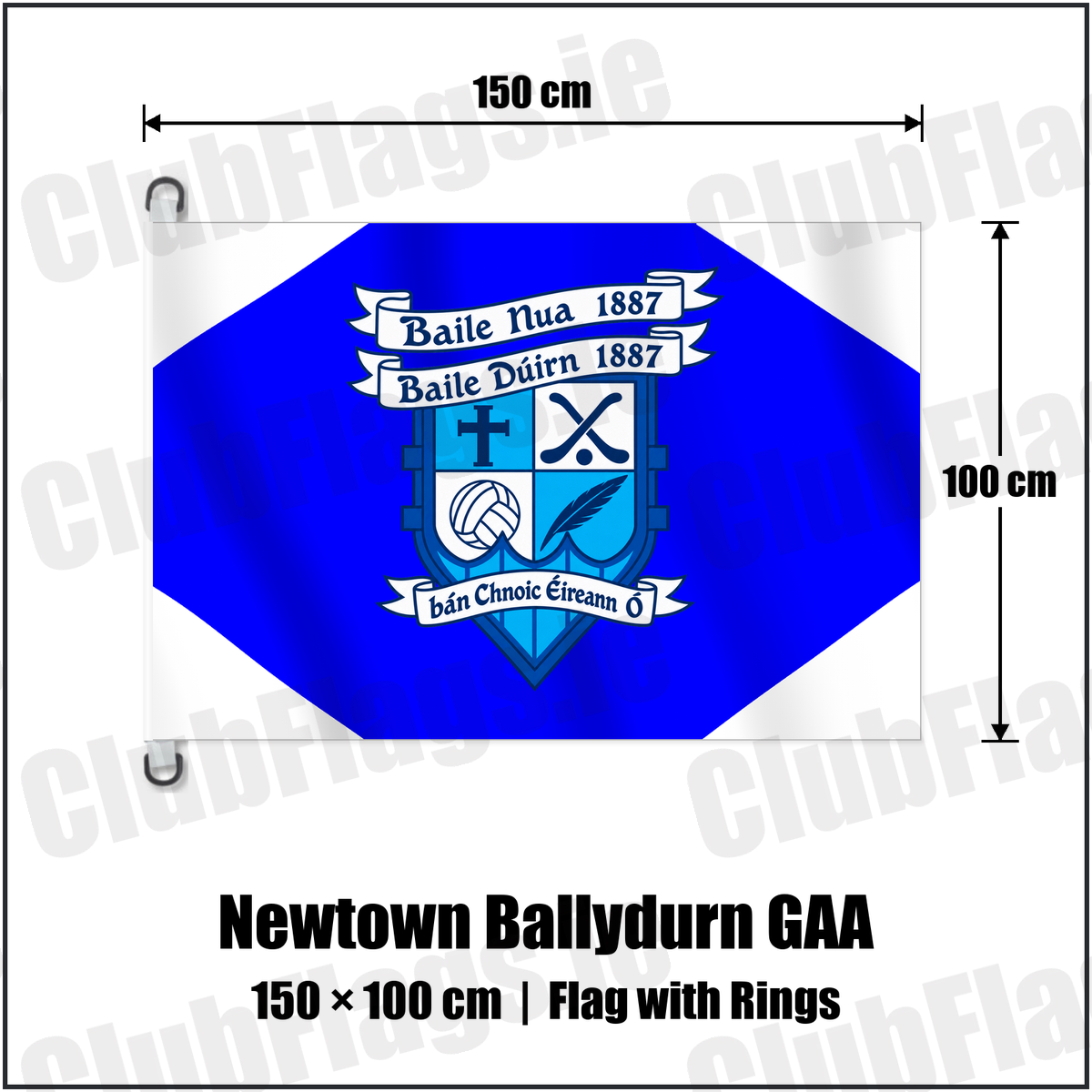 Newtown Ballydurn GAA 150cm x 100cm Flag Pole Flag with Rings with the club crest and colours, Waterford GAA - ClubFlags.ie