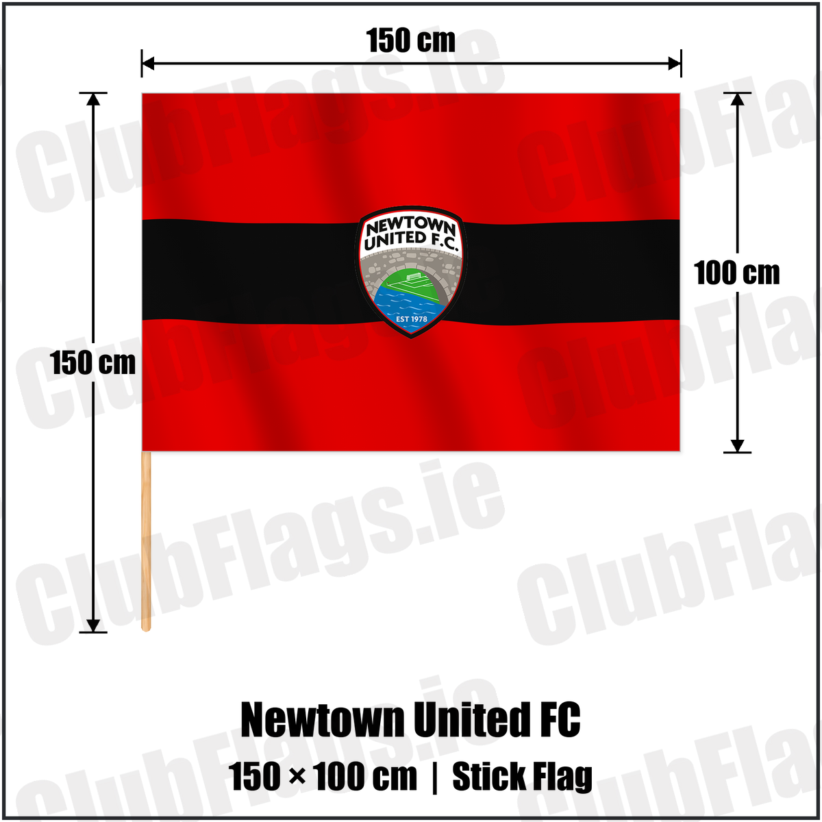 Newtown United FC 100cm x 150cm Stick Flag with the club crest and colours, Meath Football - ClubFlags.ie