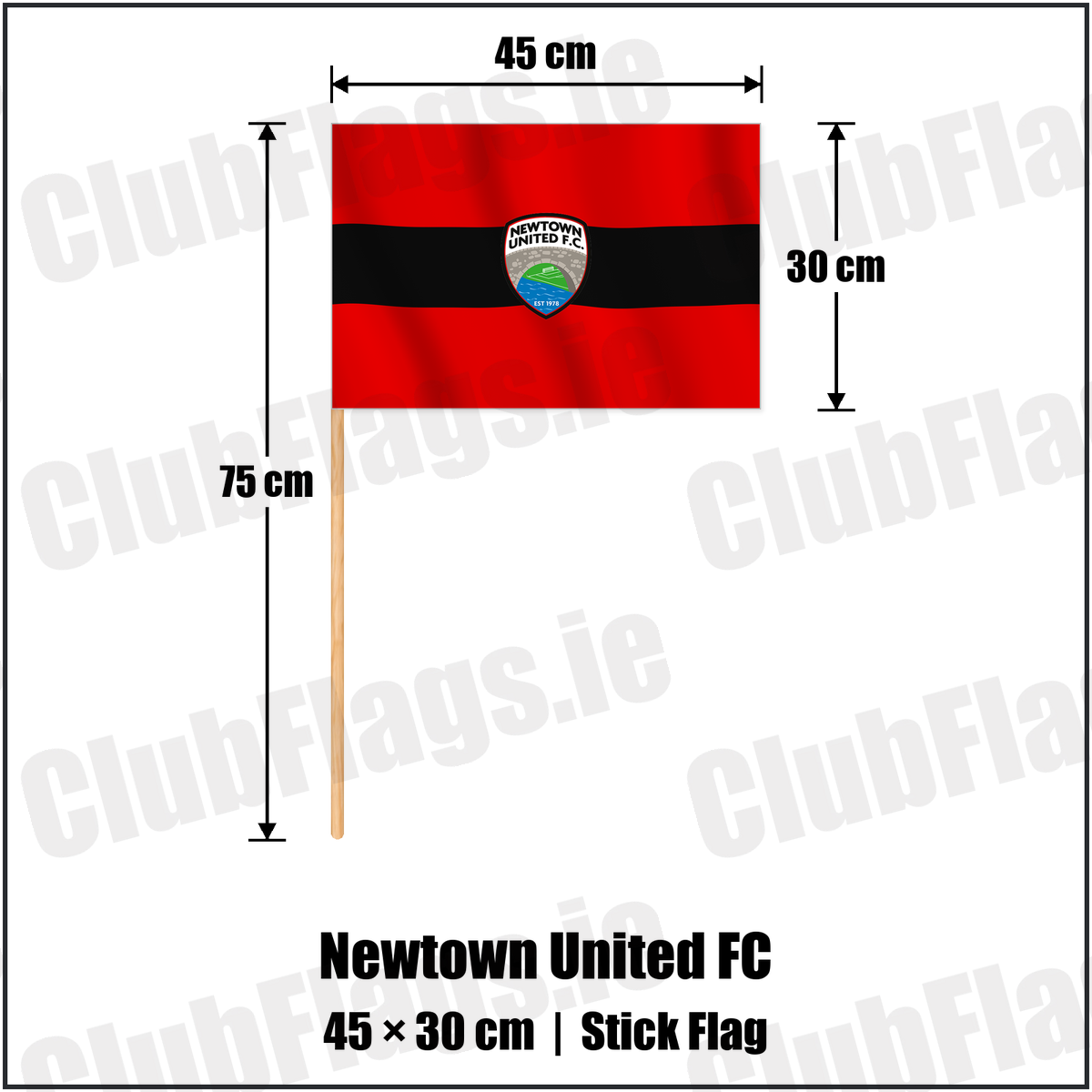 Newtown United FC 30cm x 45cm Stick Flag with the club crest and colours, Meath Football - ClubFlags.ie