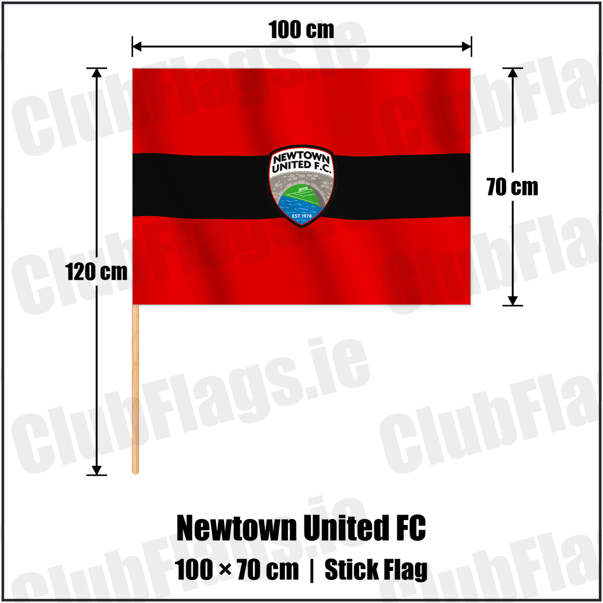 Newtown United FC 70cm x 100cm Stick Flag with the club crest and colours, Meath Football - ClubFlags.ie