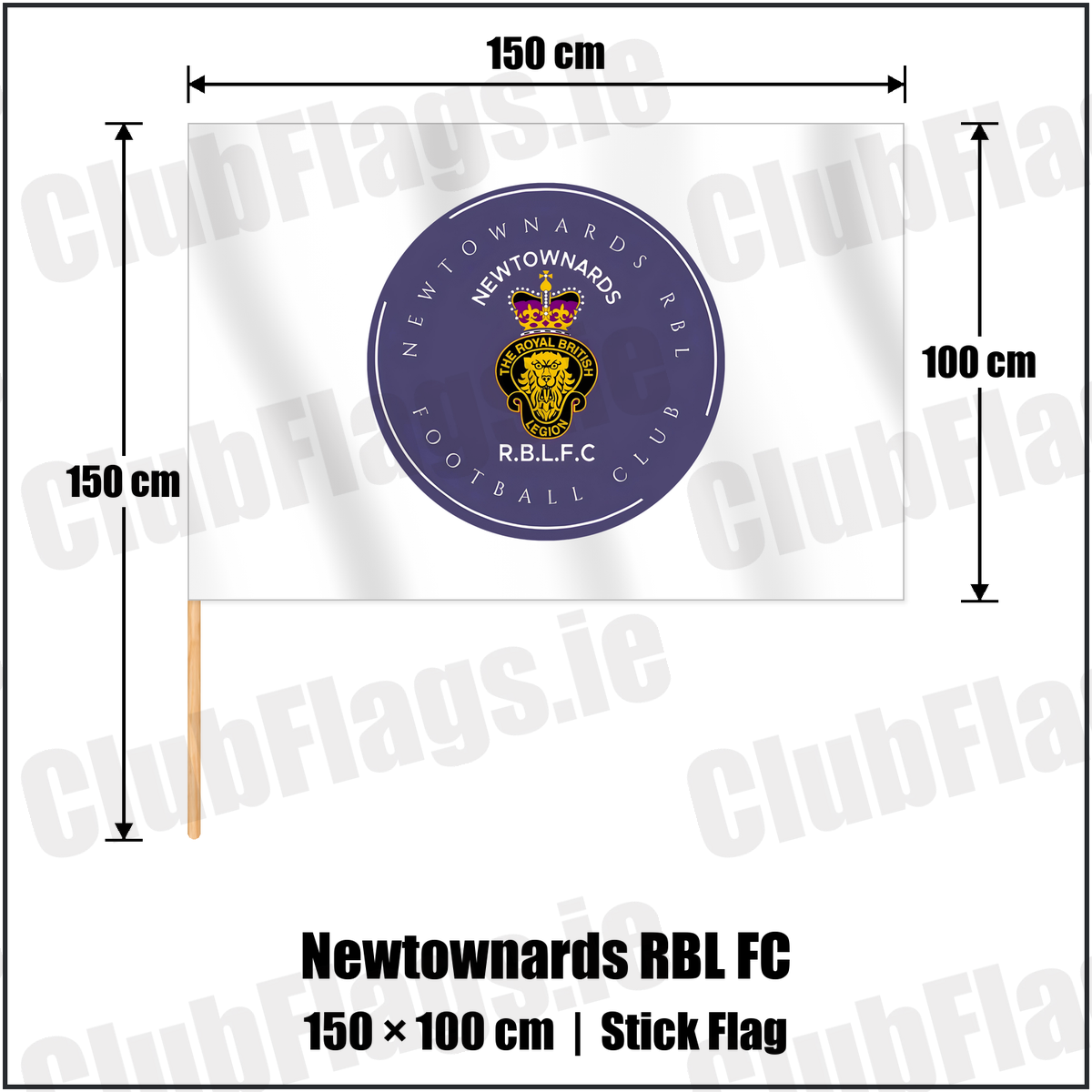 Newtownards RBL FC 100cm x 150cm Stick Flag with the club crest and colours, Down Football - ClubFlags.ie