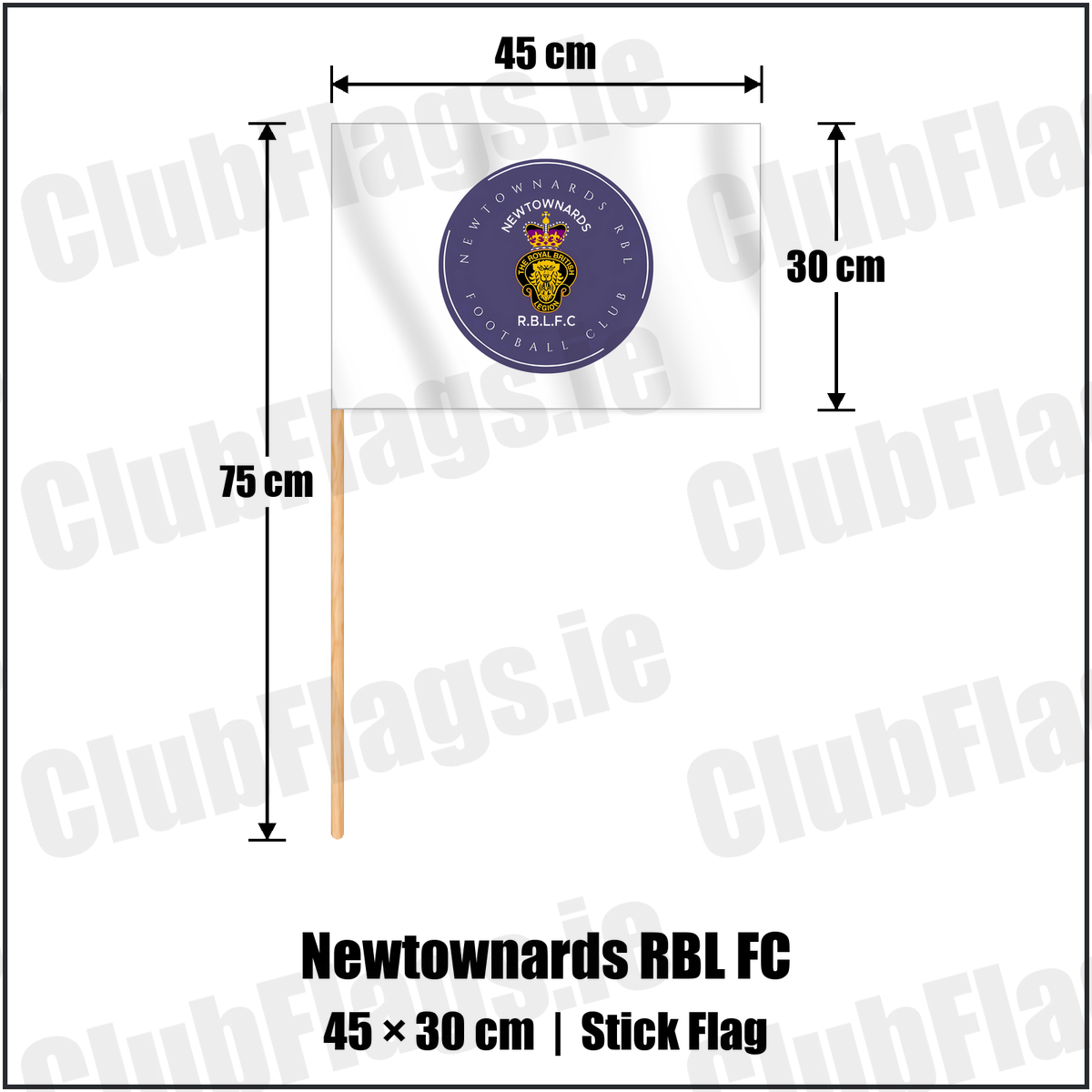 Newtownards RBL FC 30cm x 45cm Stick Flag with the club crest and colours, Down Football - ClubFlags.ie