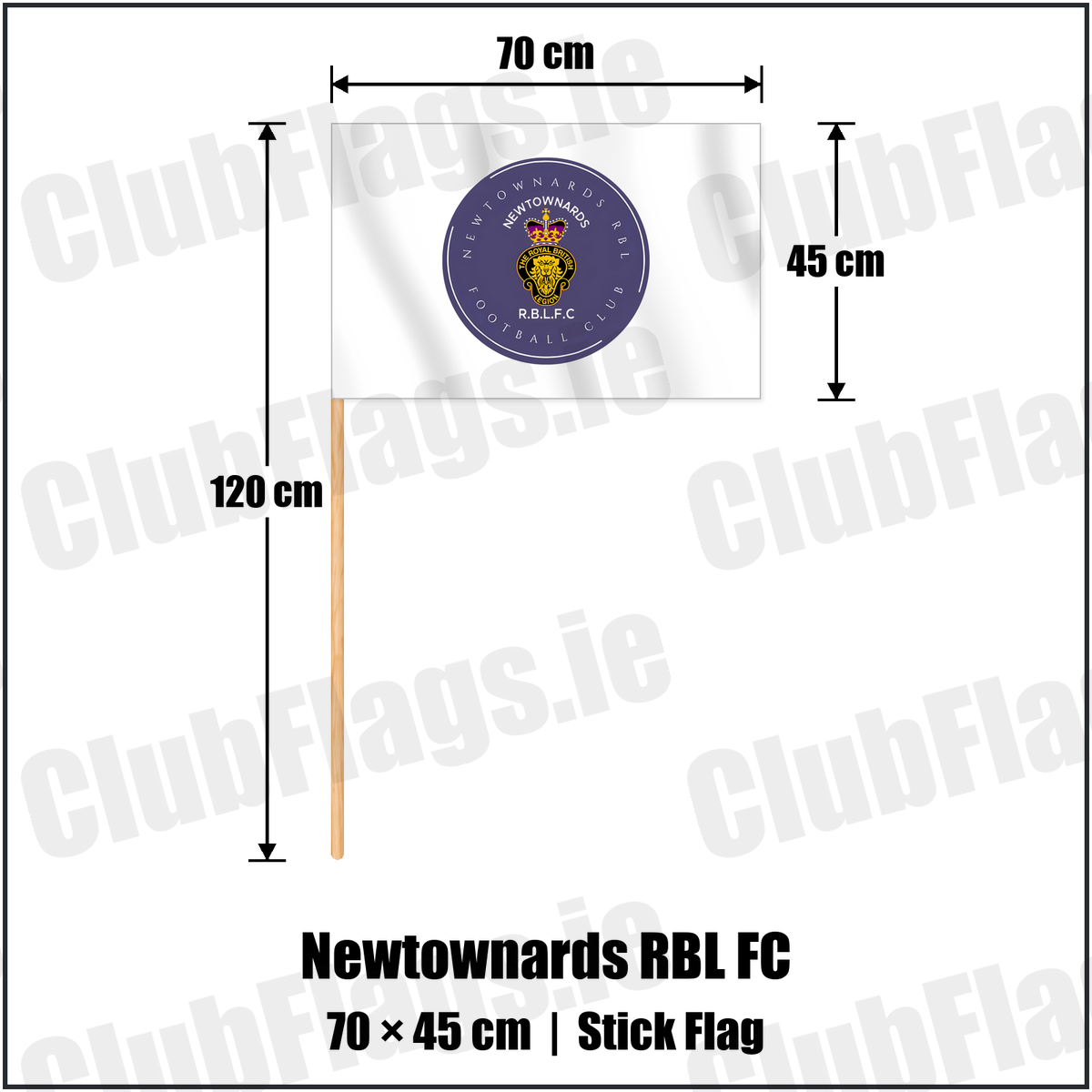 Newtownards RBL FC 45cm x 70cm Stick Flag with the club crest and colours, Down Football - ClubFlags.ie